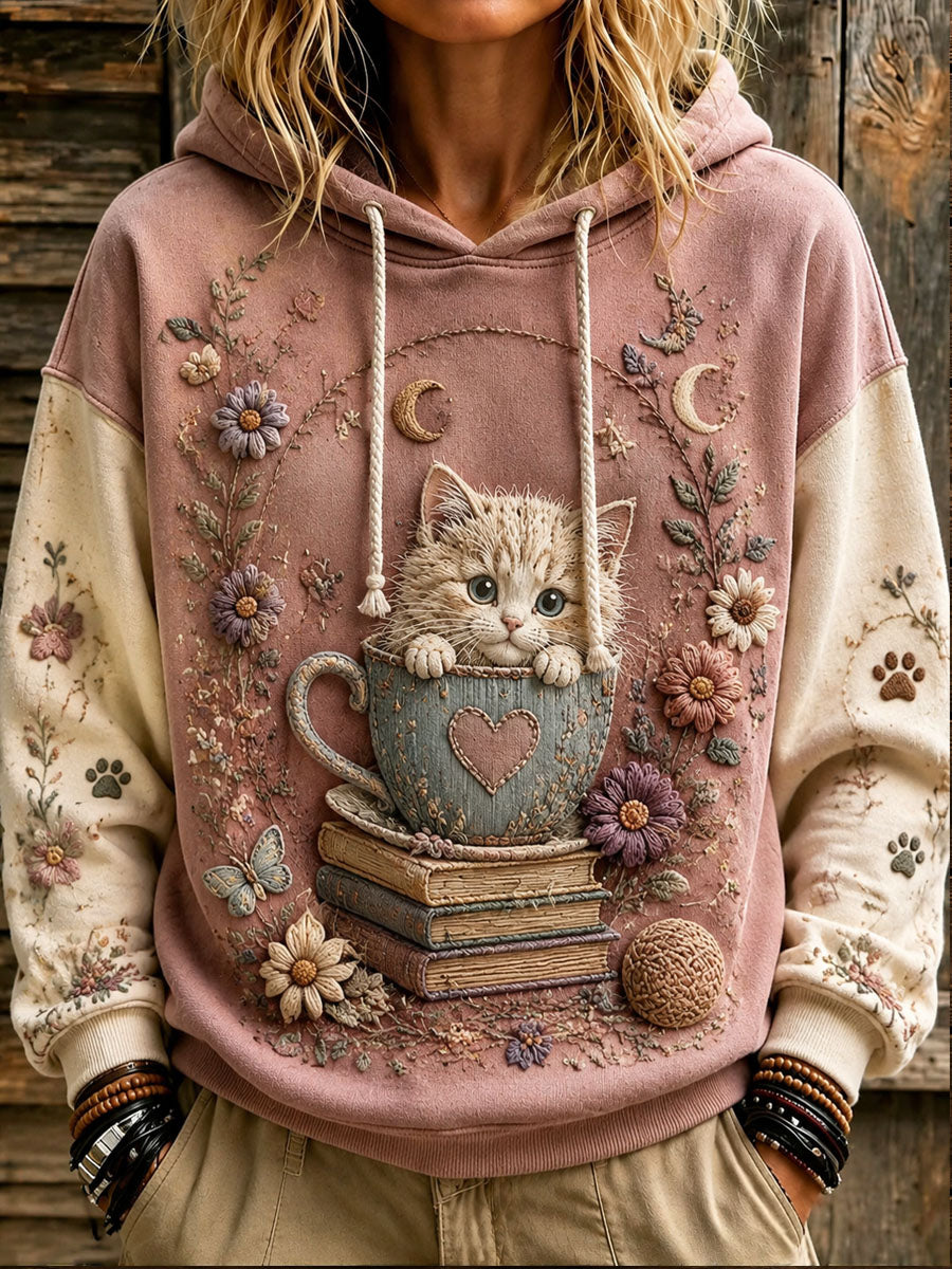 Women's Patchwork Floral Cat Print Casual Hooded Sweatshirt