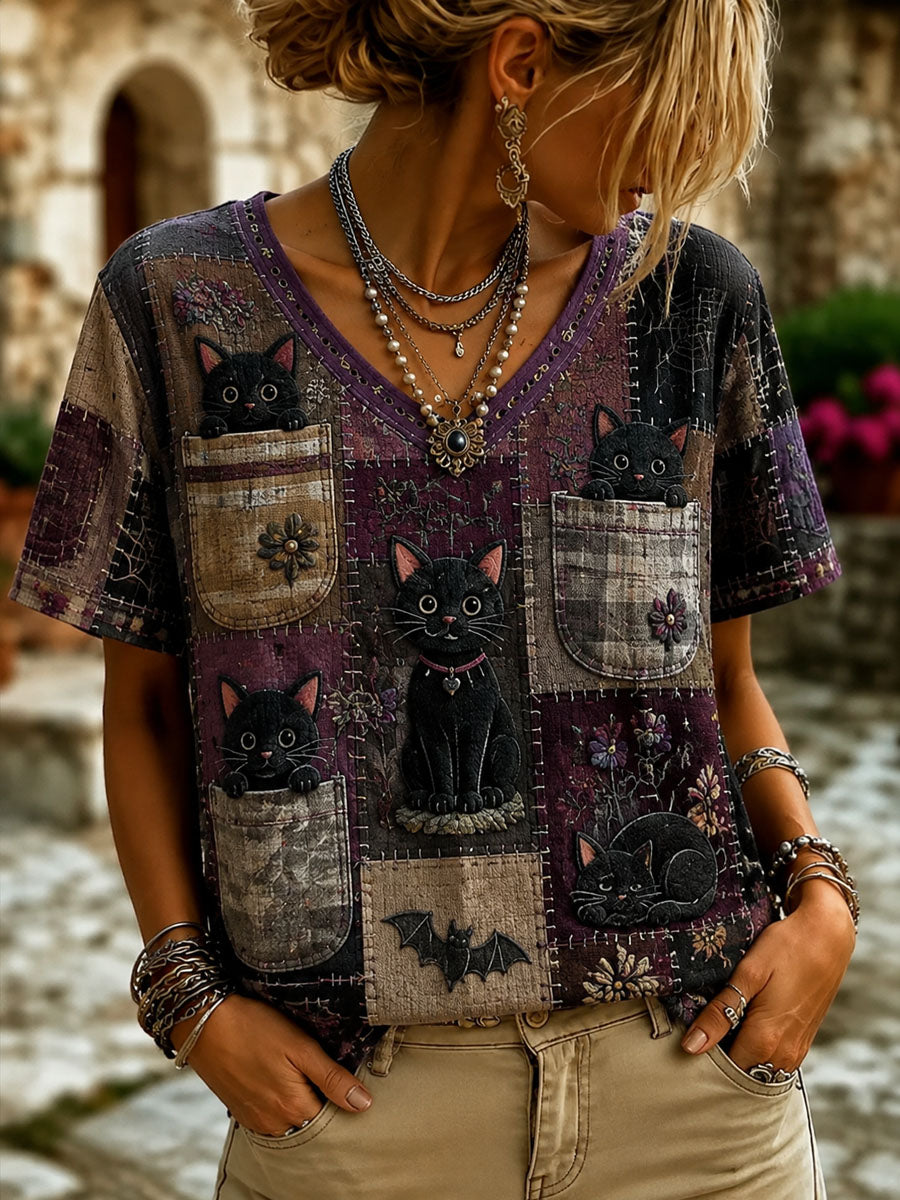 Women’s Patchwork Cat Print Casual Short-Sleeved T-shirt