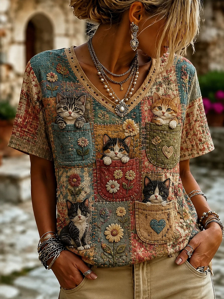 Women’s Patchwork Cat Print Casual Short-Sleeved T-shirt