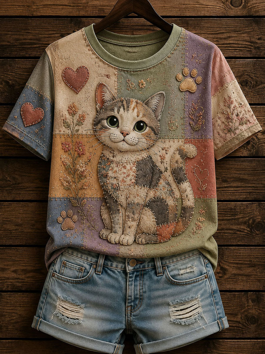 Women’s Patchwork Floral Cat Print Casual Short-Sleeved T-shirt
