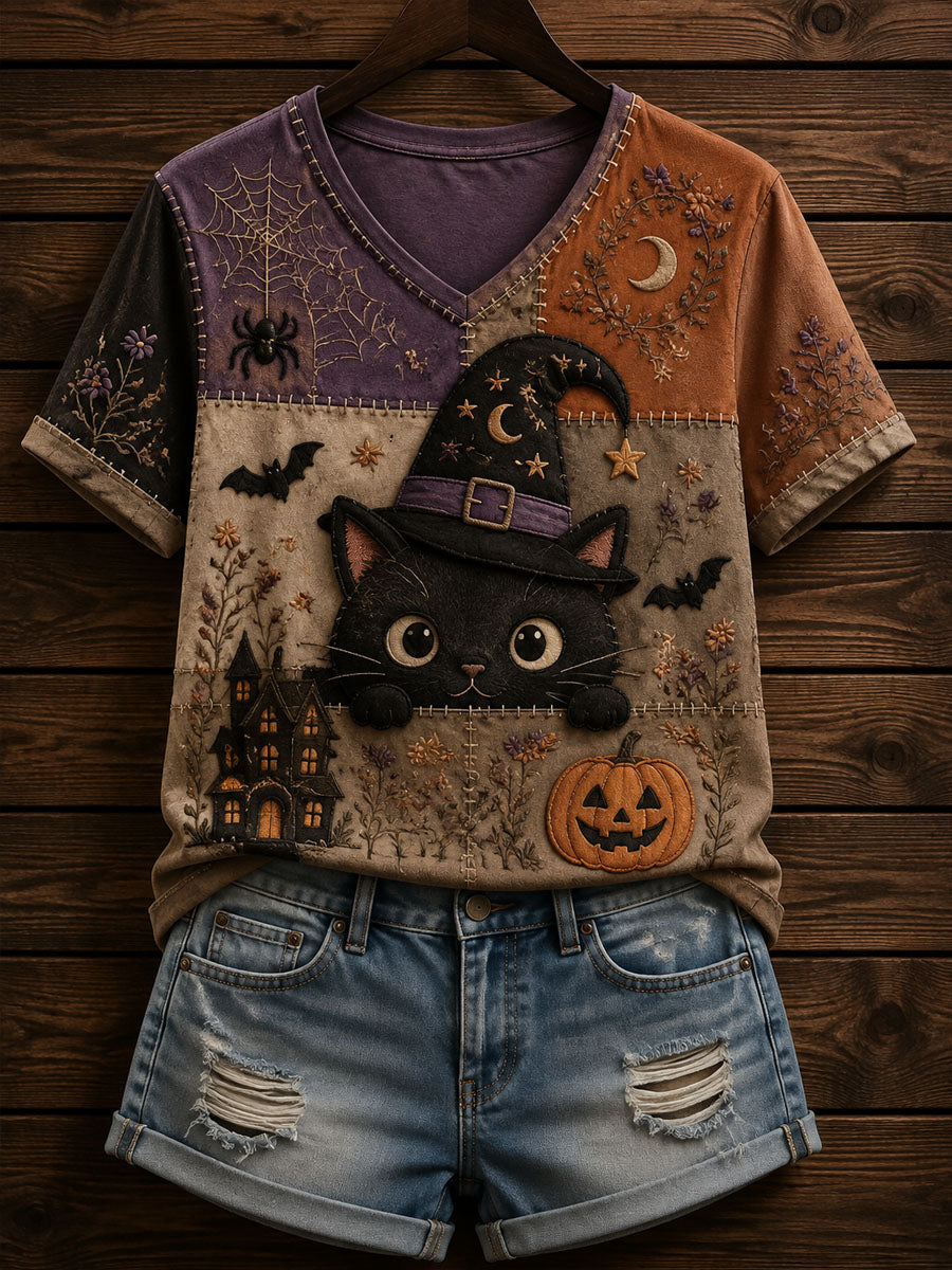 Women’s Patchwork Cat Print Casual Short-Sleeved T-shirt
