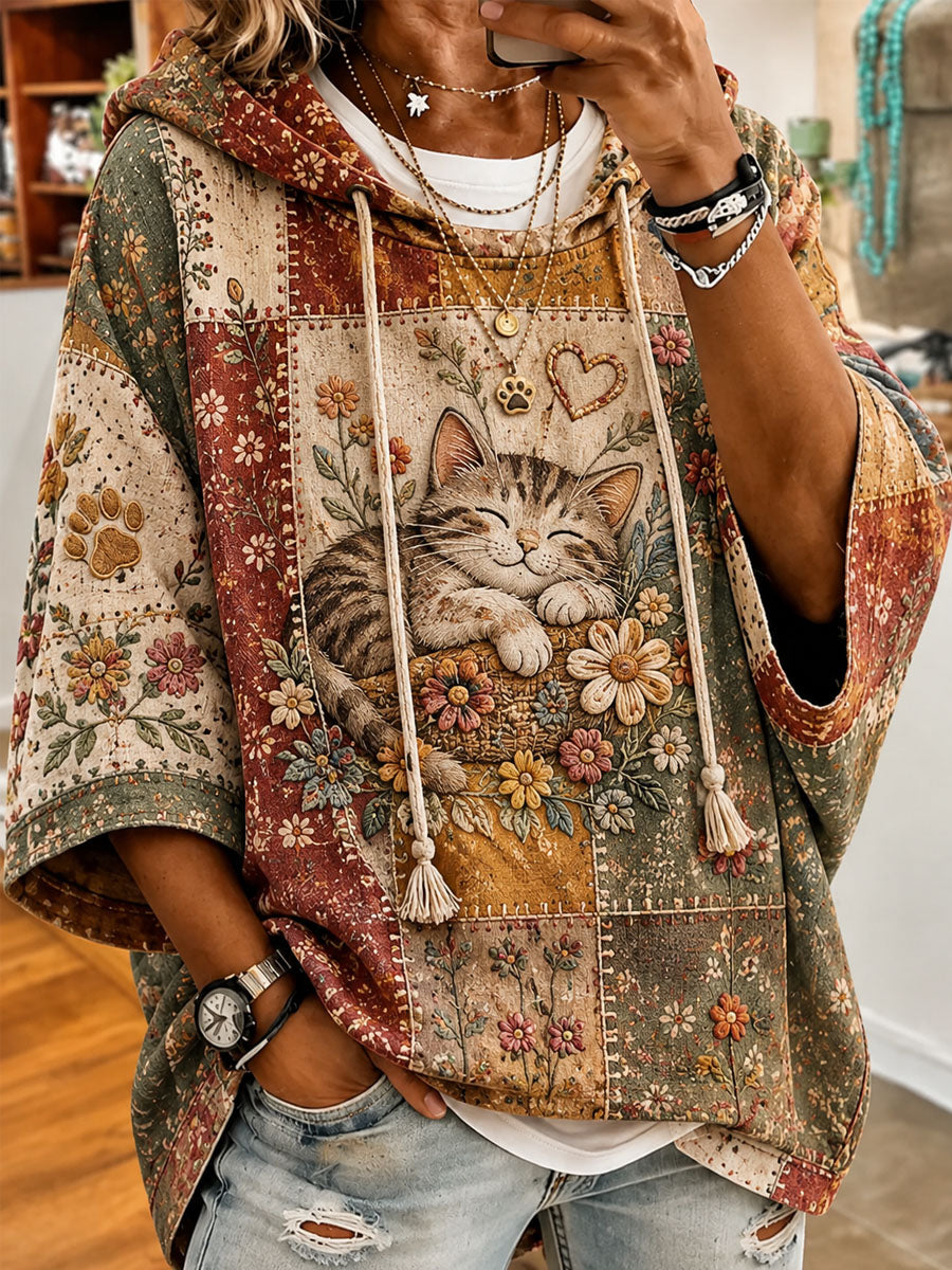 Women's Patchwork Love Cat Day Print Casual Hooded Sweatshirt