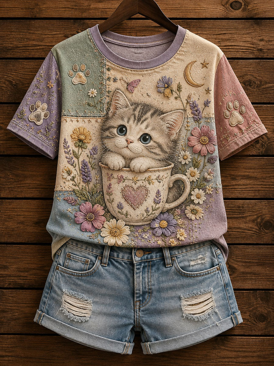 Women’s Patchwork Cute Cat Print Casual T-shirt