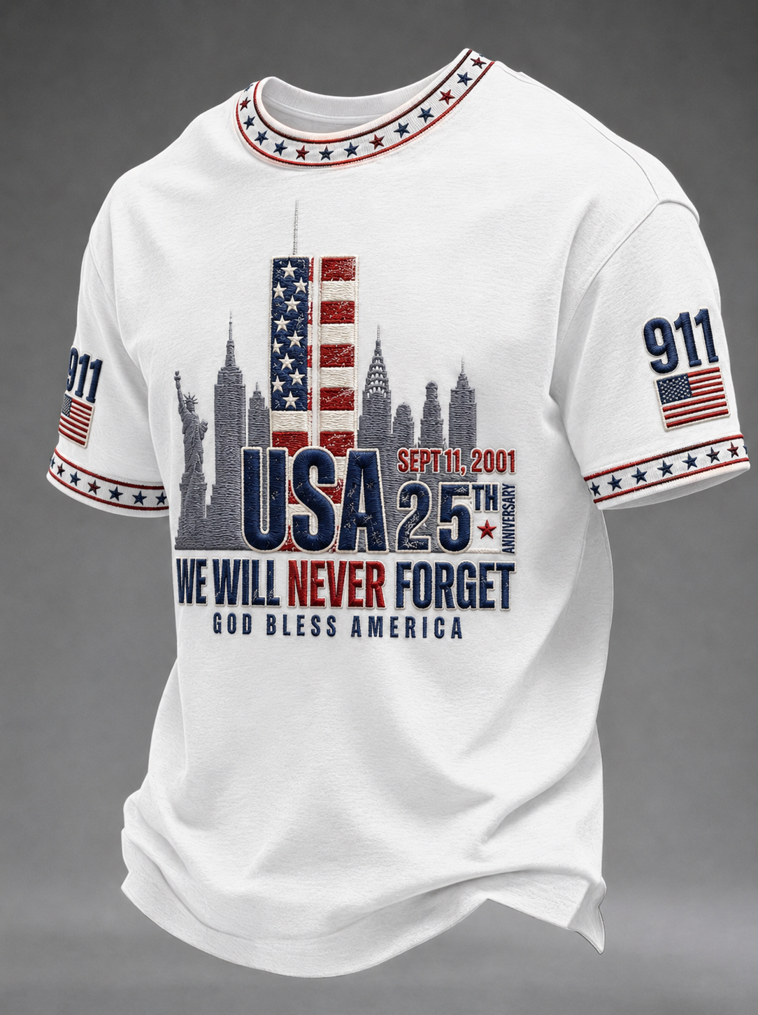 Men's WE WILL NEVER FORGET 2001/25TH/2026 God Bless America t-shirt
