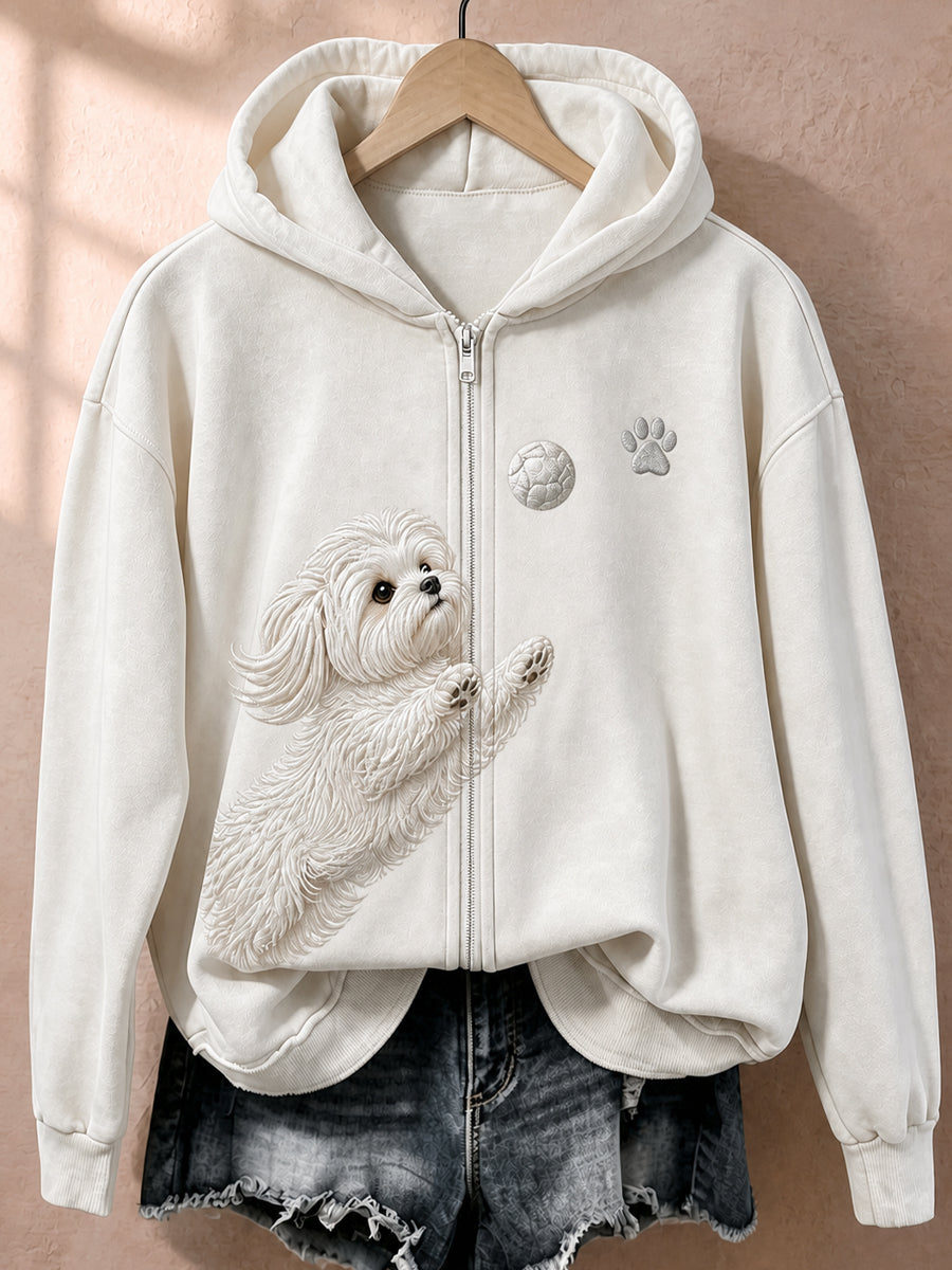 Retro Animal Art Print Casual Zip-Up Hoodie