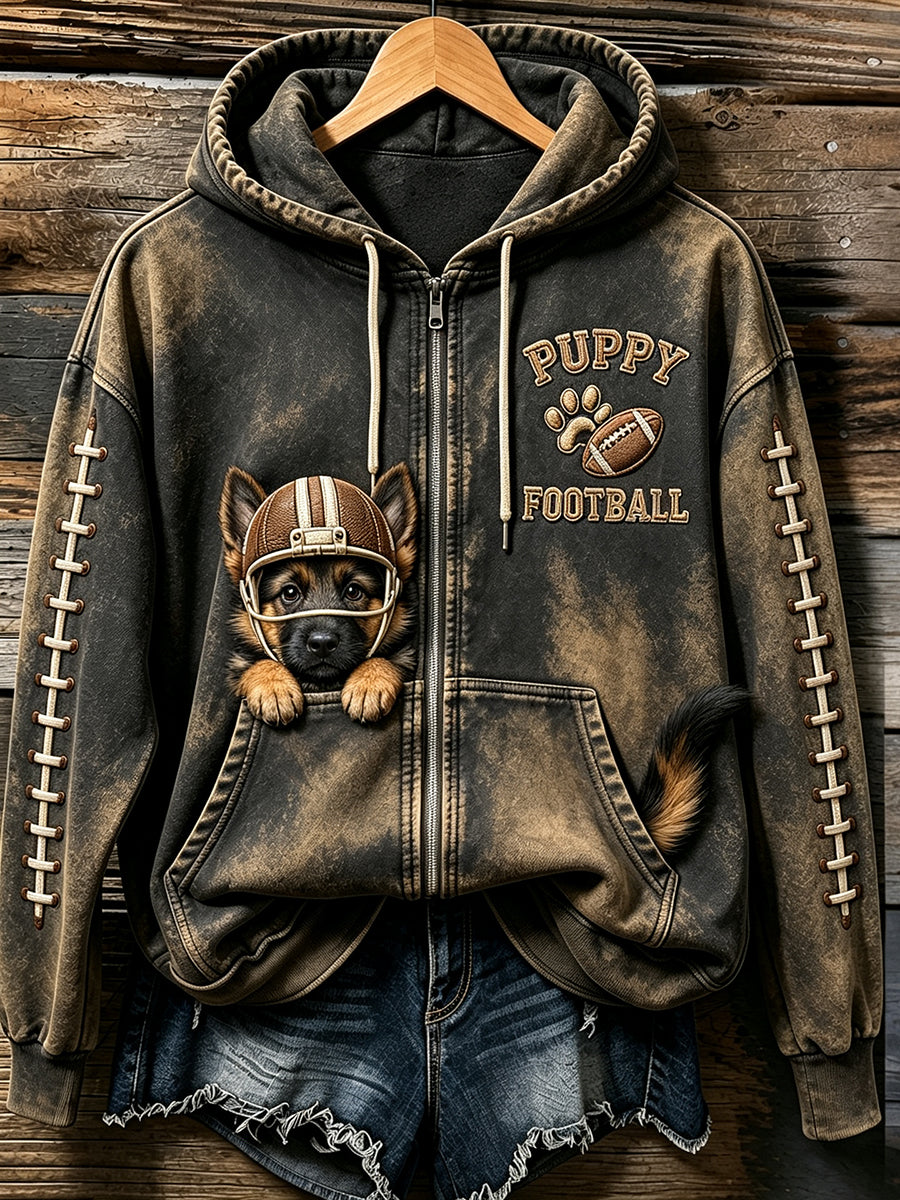Women's Cute Football German Shepherd Print Cozy Zip-Up Hoodie