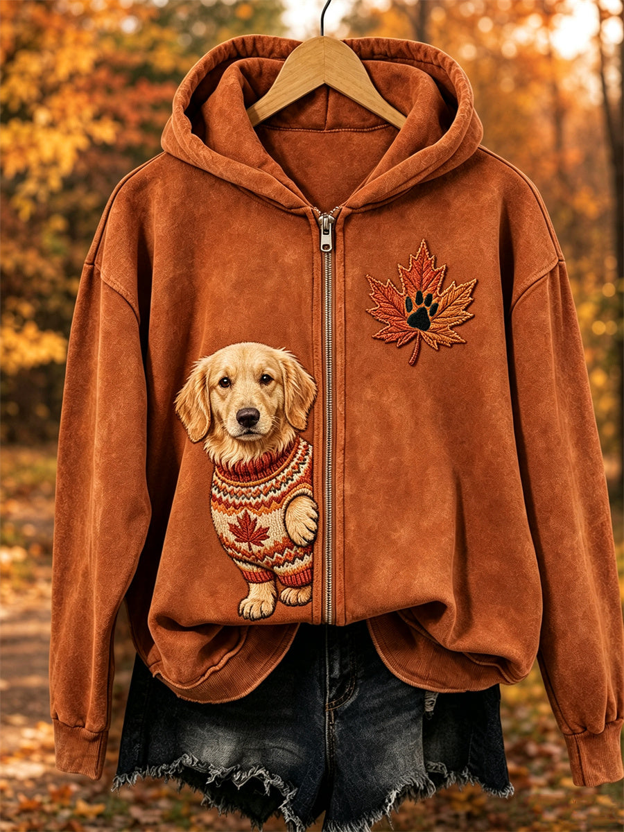 Women's Fall Cozy Peeking Golden Retriever Dog & Leaf Print Full Zip Hoodie