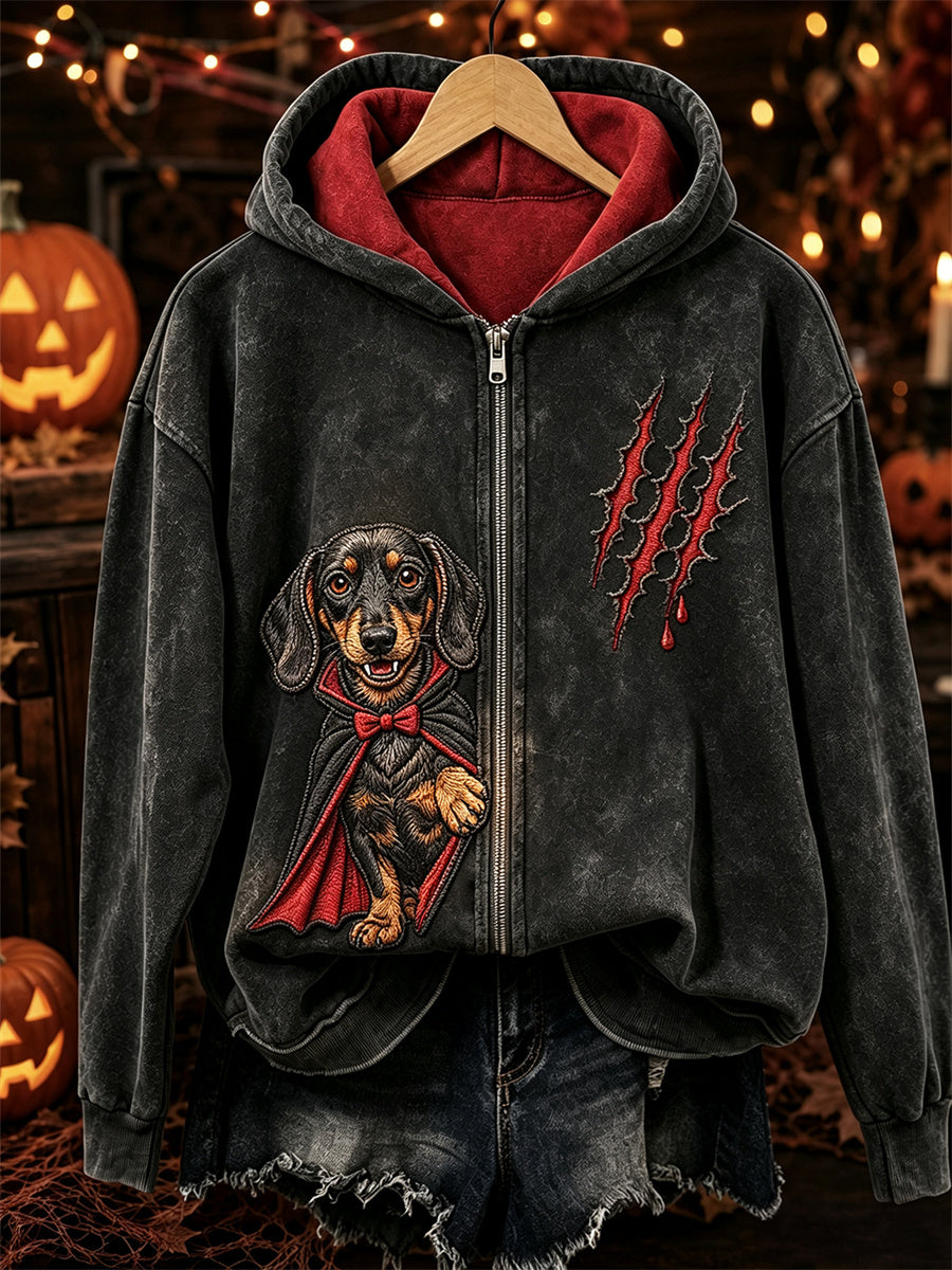 Women's Halloween Peeking Dachshund Dog Vampire Print Full Zip Hoodie