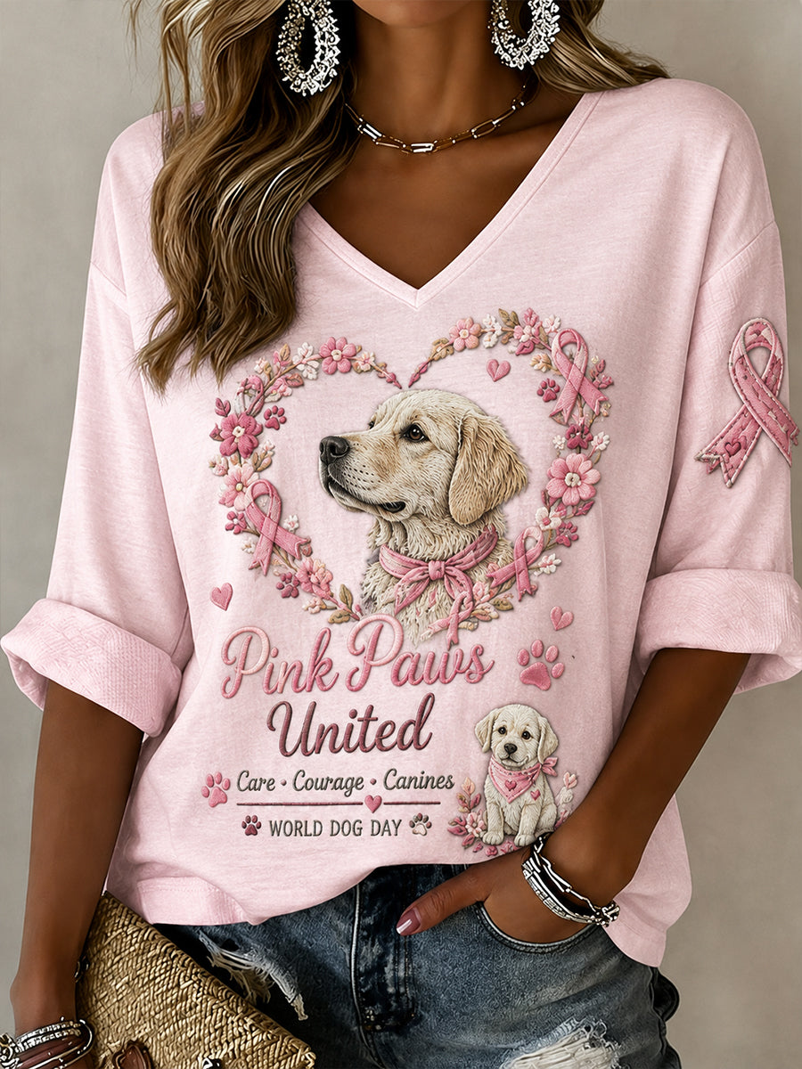 Women's Breast Cancer Awareness And Animal Print V-Neck Long-Sleeved Top