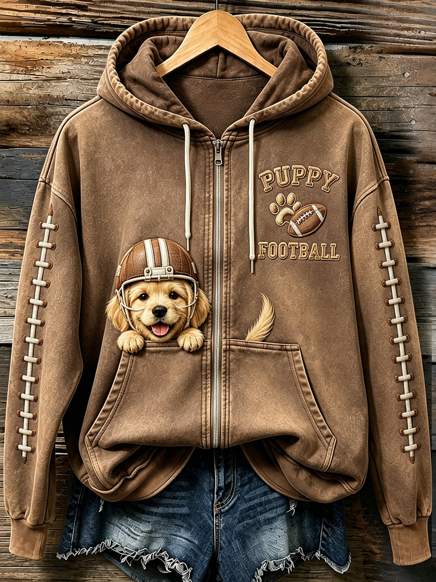 Women's Cute Football Golden Retriever Print Comfy Zip-Up Hoodie