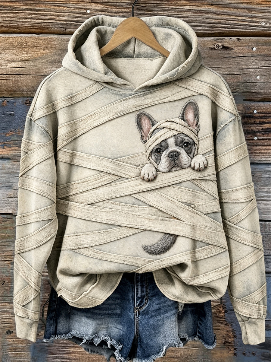 Women's Halloween Peeking French Bulldog Mummy Bandages Print Cozy Hoodie