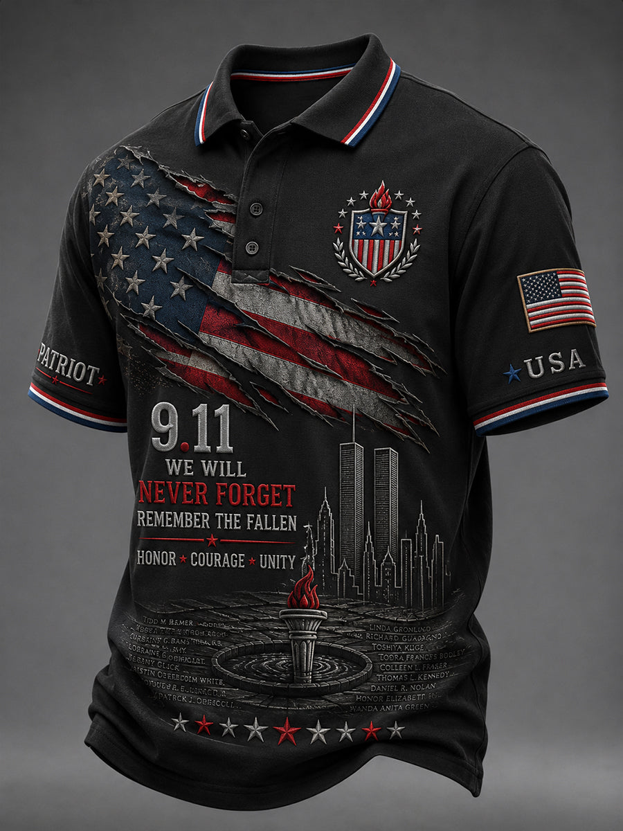 Men's Patriotic Commemorative Print Short-Sleeve Polo Shirt