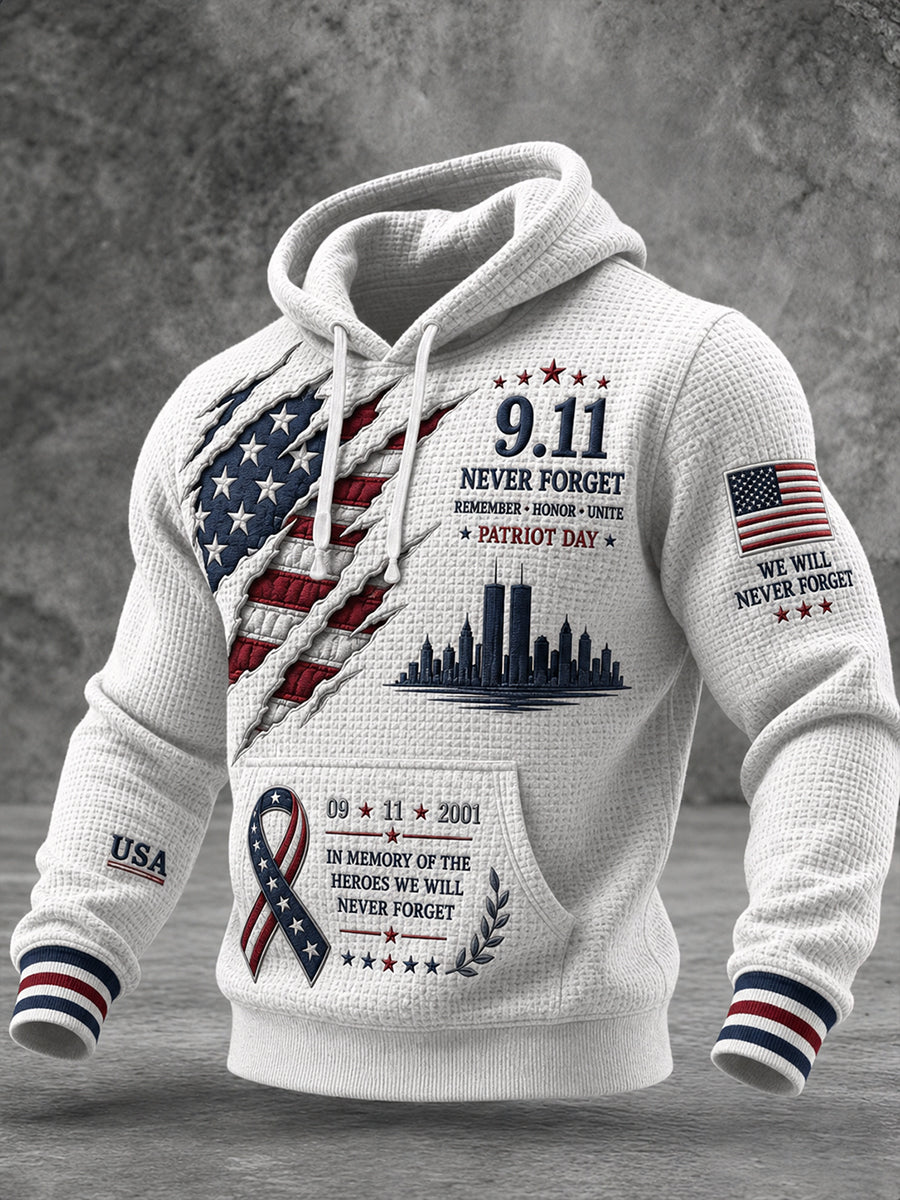 Men's Patriotic Commemorative Print Waffle-Knit Long-Sleeve Hoodie