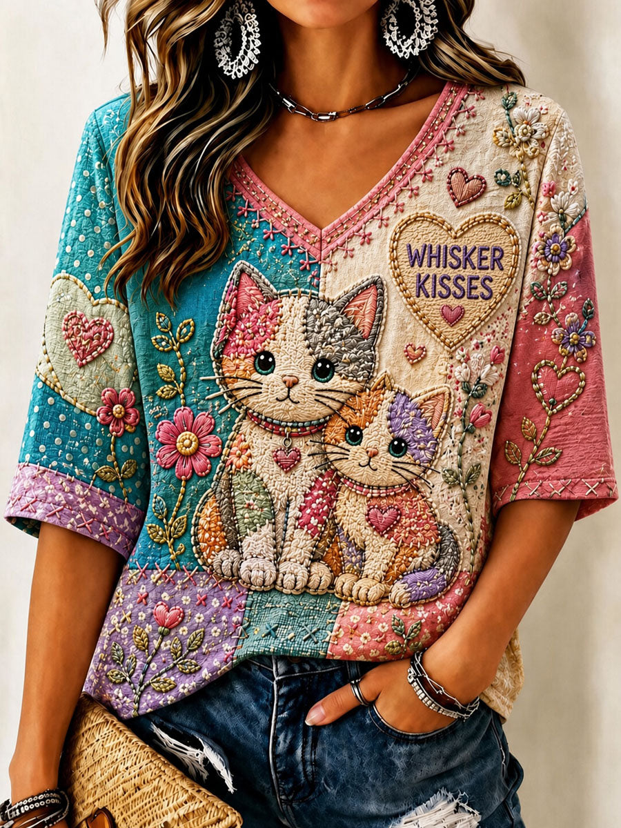 Women’s Cat-themed Patchwork Printed Casual T-shirt