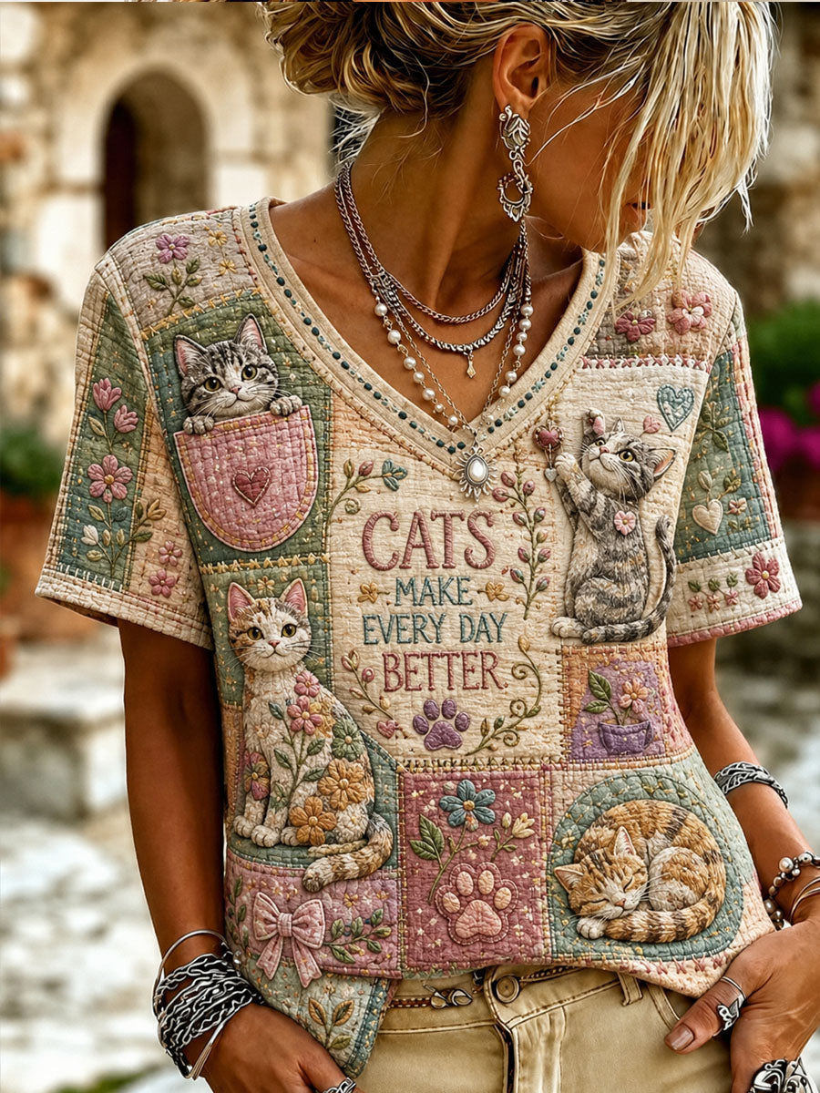 Women’s Cat-themed Patchwork Printed Casual T-shirt