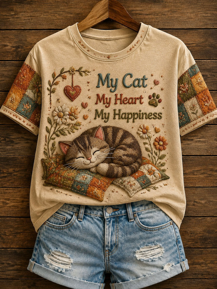 Women’s Cat-themed Patchwork Printed Casual T-shirt