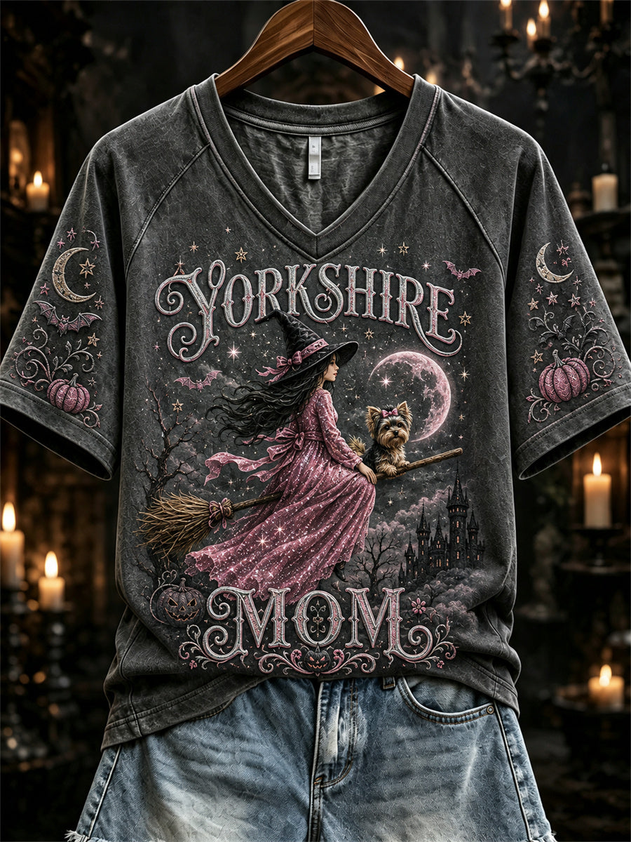 Women's Halloween Pink Witch Yorkshire Mom Print short-sleeved T-shirt