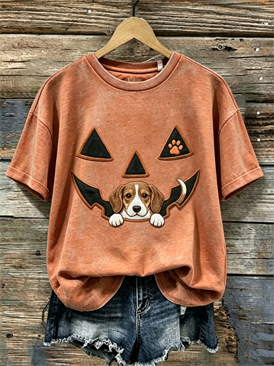 Women's Halloween Peeking Beagle Dog Pumpkin Face Print short-sleeved T-shirt