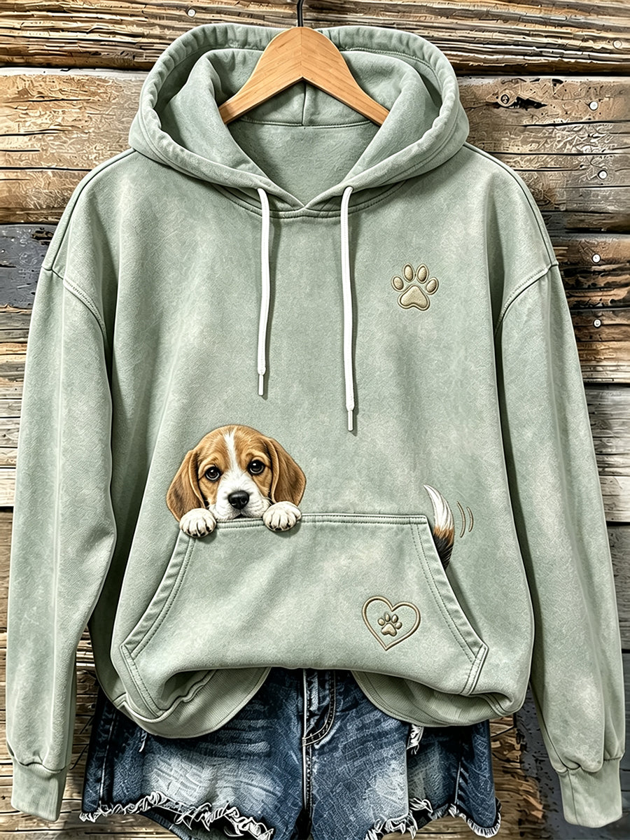 Women's Cute Peeking Beagle & Paws Print Comfy Hoodie