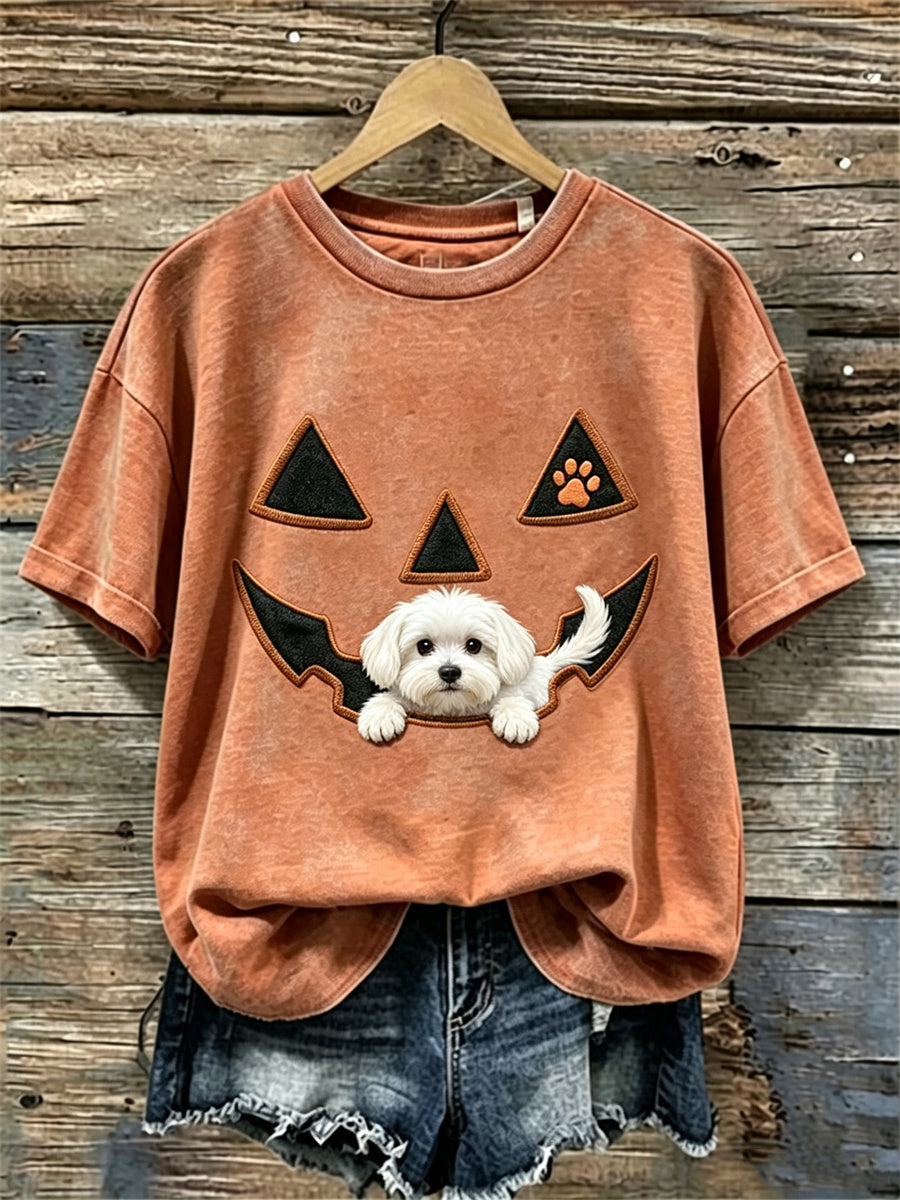 Women's Halloween Peeking Maltese Dog Pumpkin Face Print short-sleeved T-shirt