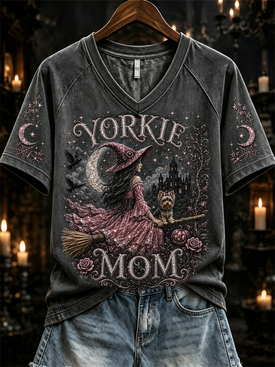 Women's Halloween Pink Witch Yorkie Mom Print short-sleeved T-shirt