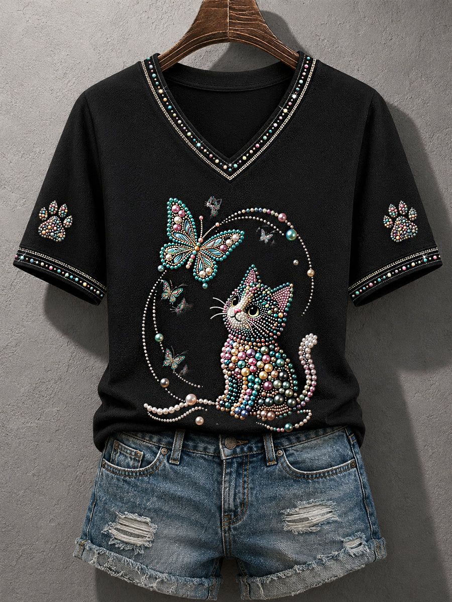 Women's Cute Cat Print Cat Lovers Causal V-Neck Tee