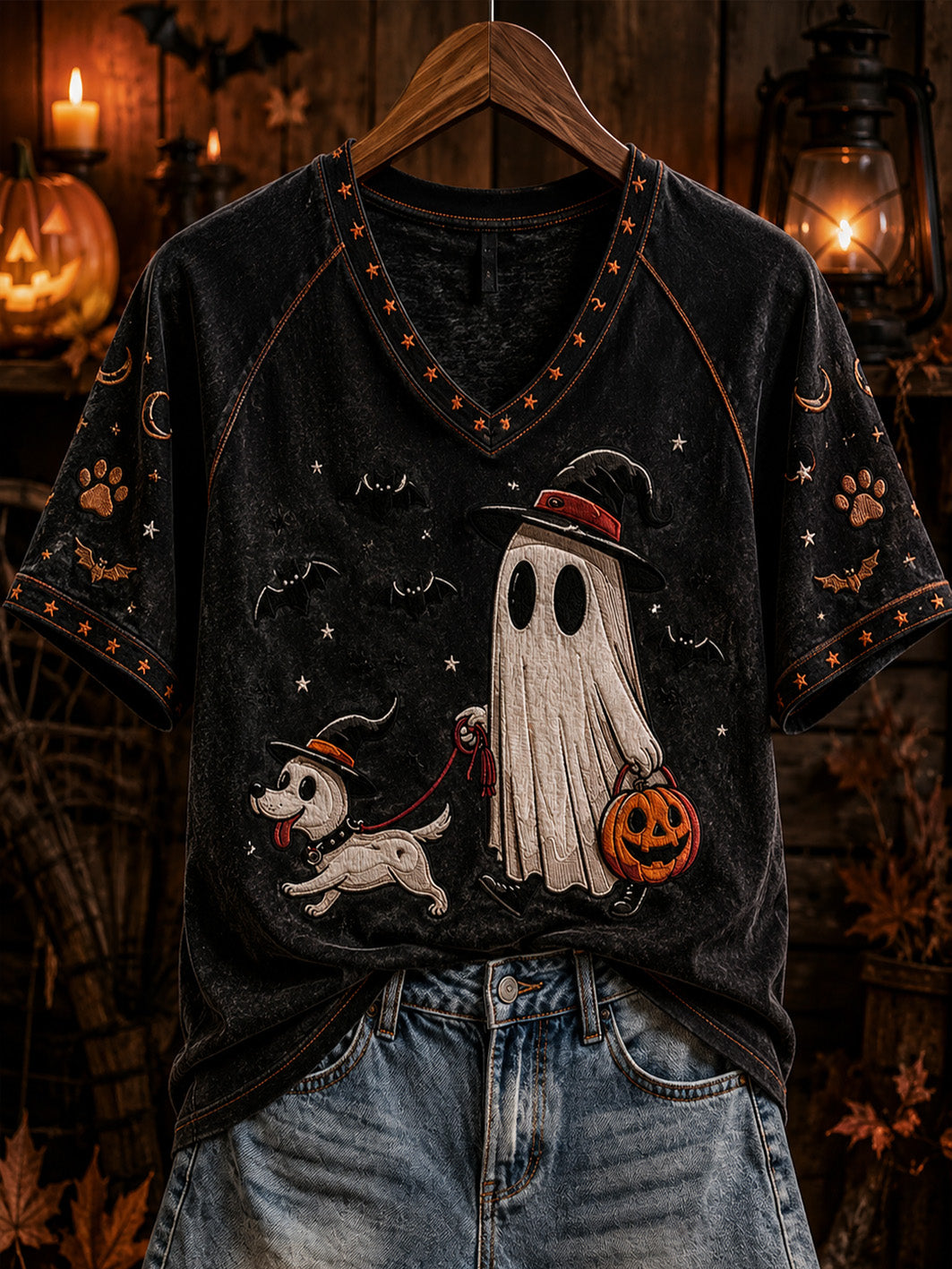 Women's Halloween Boo And Dog Pattern Printed Casual Short Sleeve T-Shirt