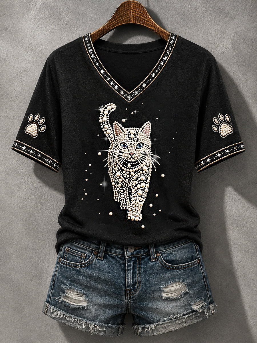 Women's Cat Print Cat Lovers Causal V-Neck Tee