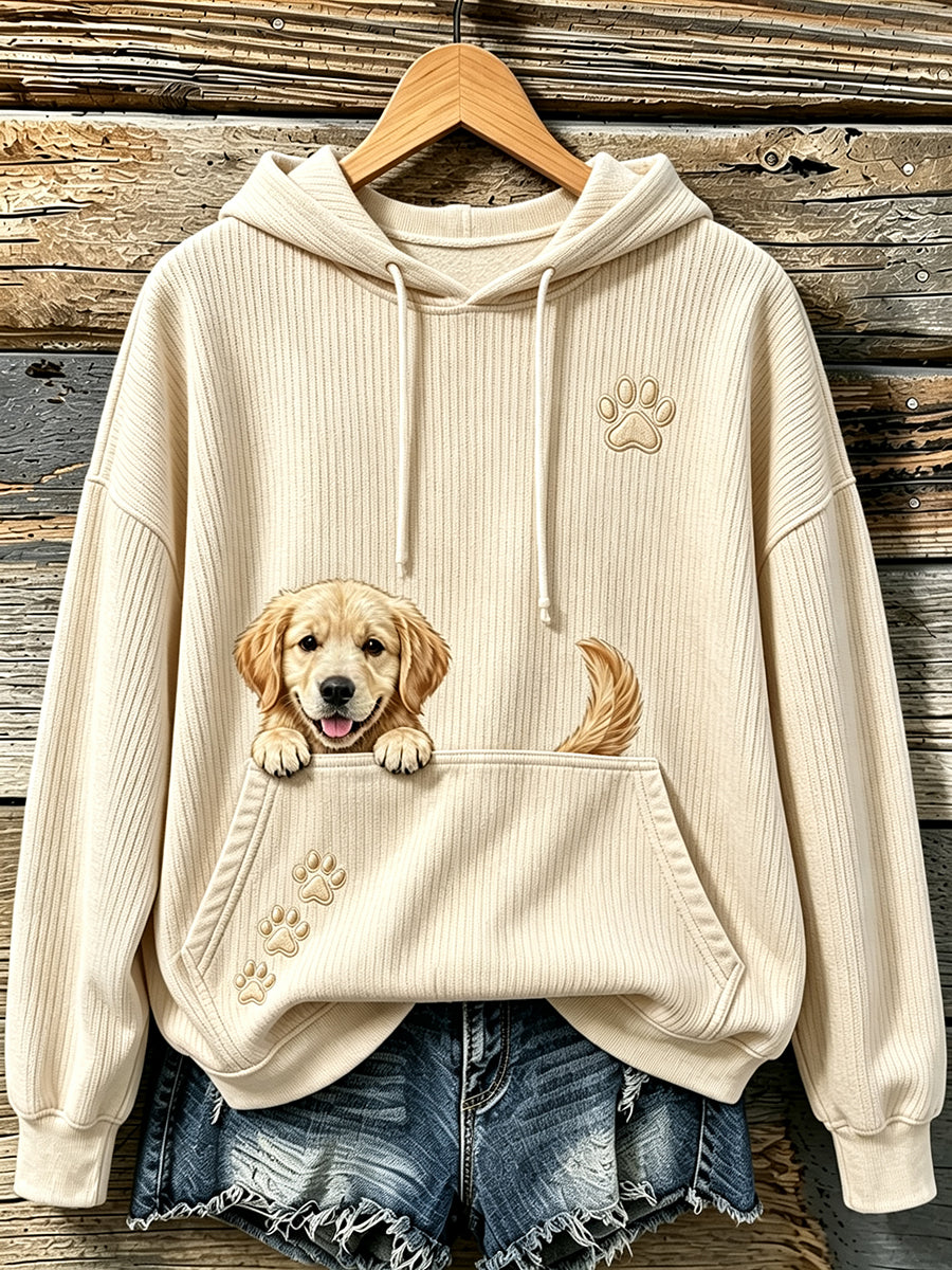 Women's Cute Peeking Golden Retriever & Paws Print Cozy Hooded Sweater