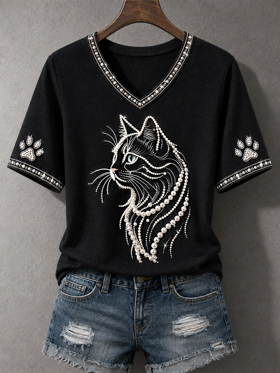 Women's Cat Print Cat Lovers Causal V-Neck Tee