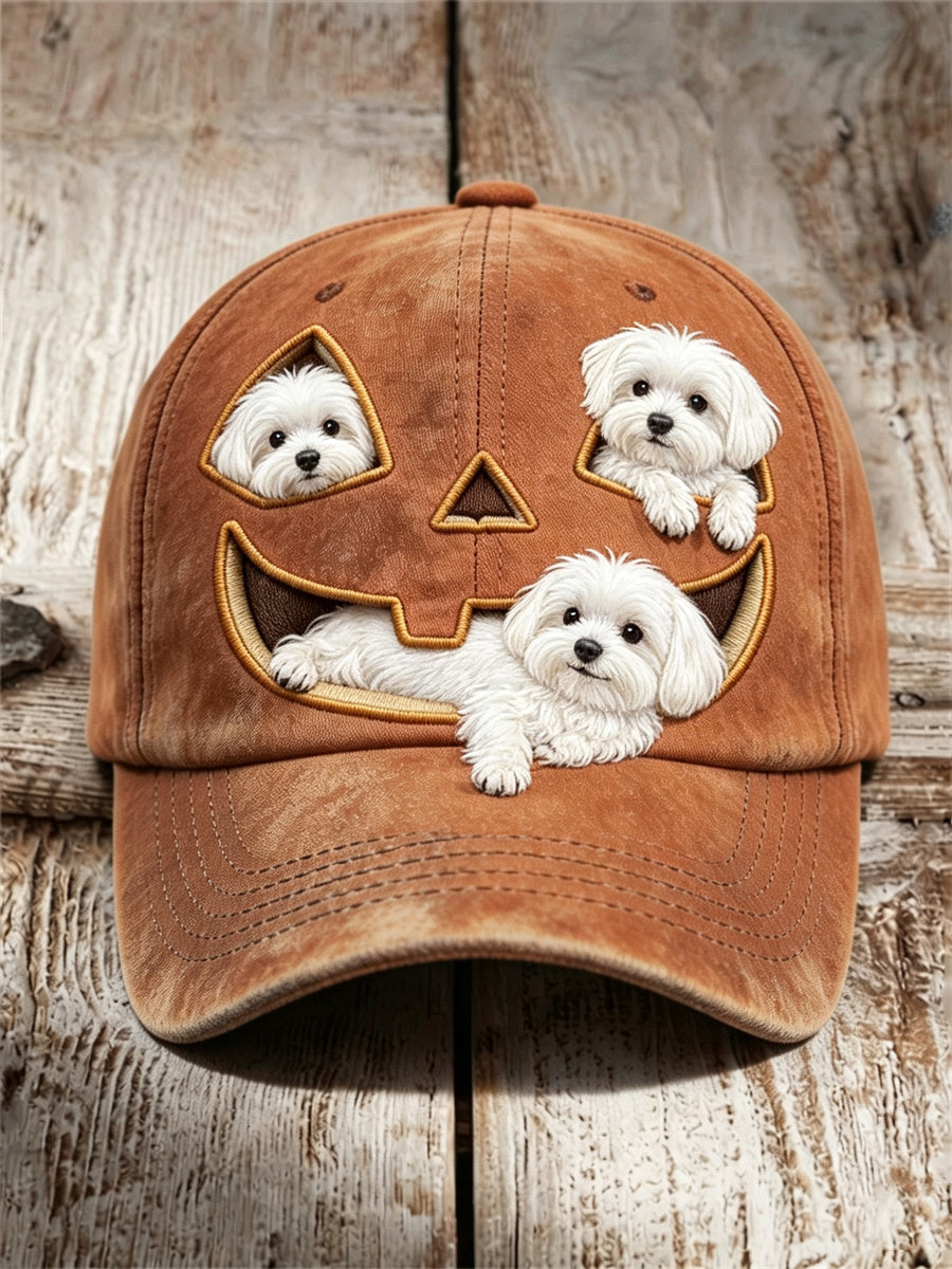 Unisex Halloween Lovely Peeking Maltese Dogs Pumpkin Face Print Cap