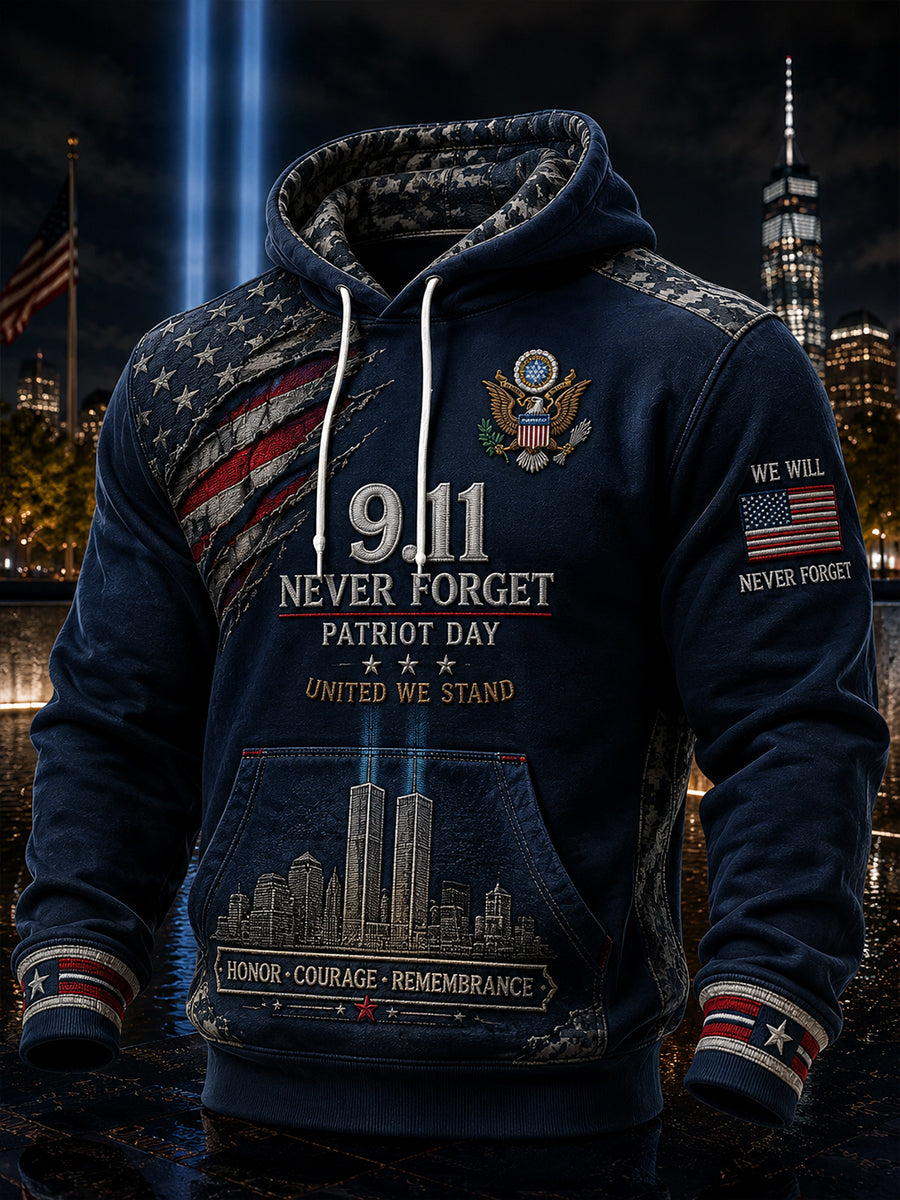 Men's Long-Sleeve Hooded Sweatshirt With Patriotic 9/11 Commemorative Print