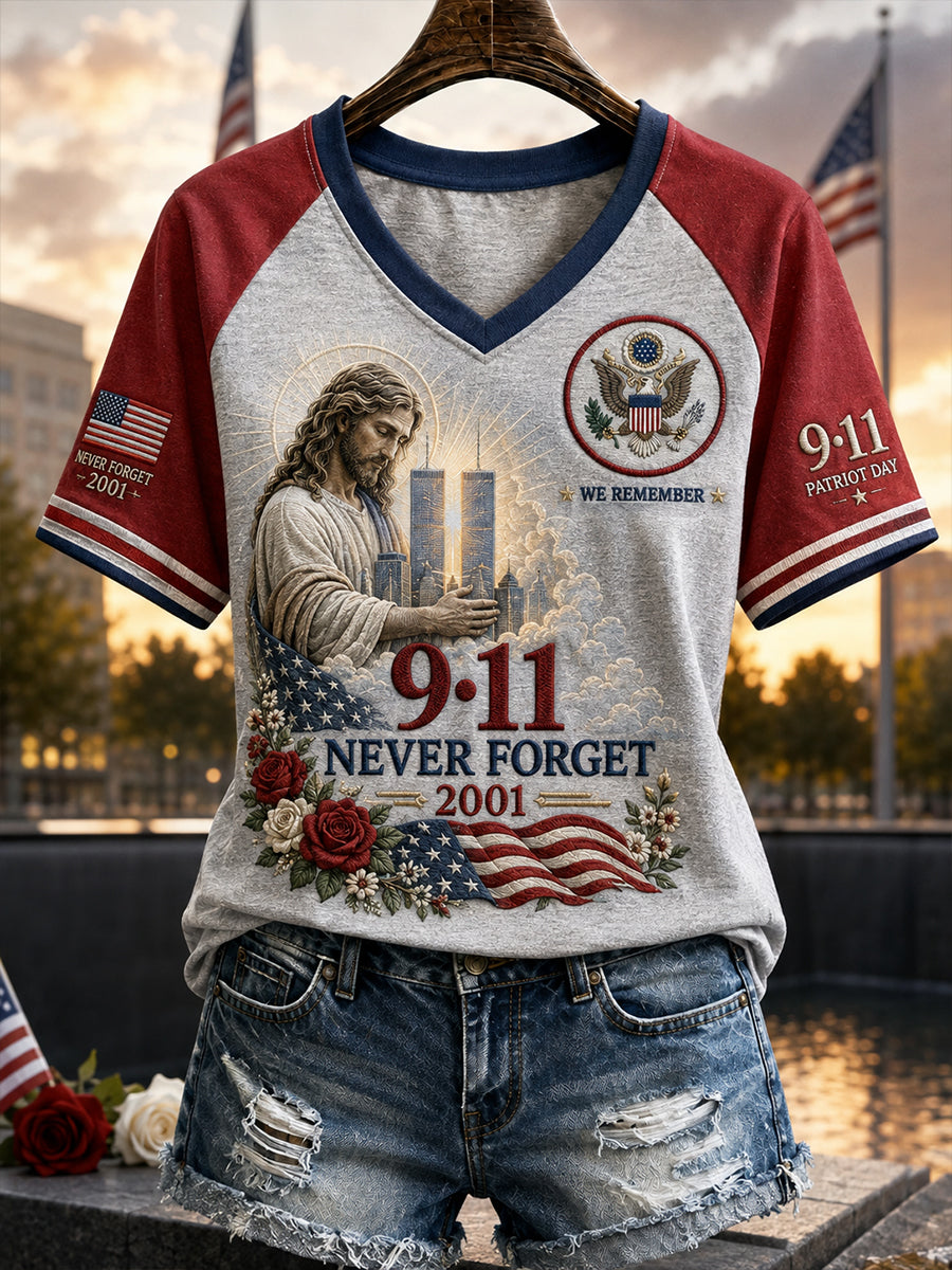 Women's Patriotic 9/11 Memorial Print Raglan Short-Sleeve T-Shirt