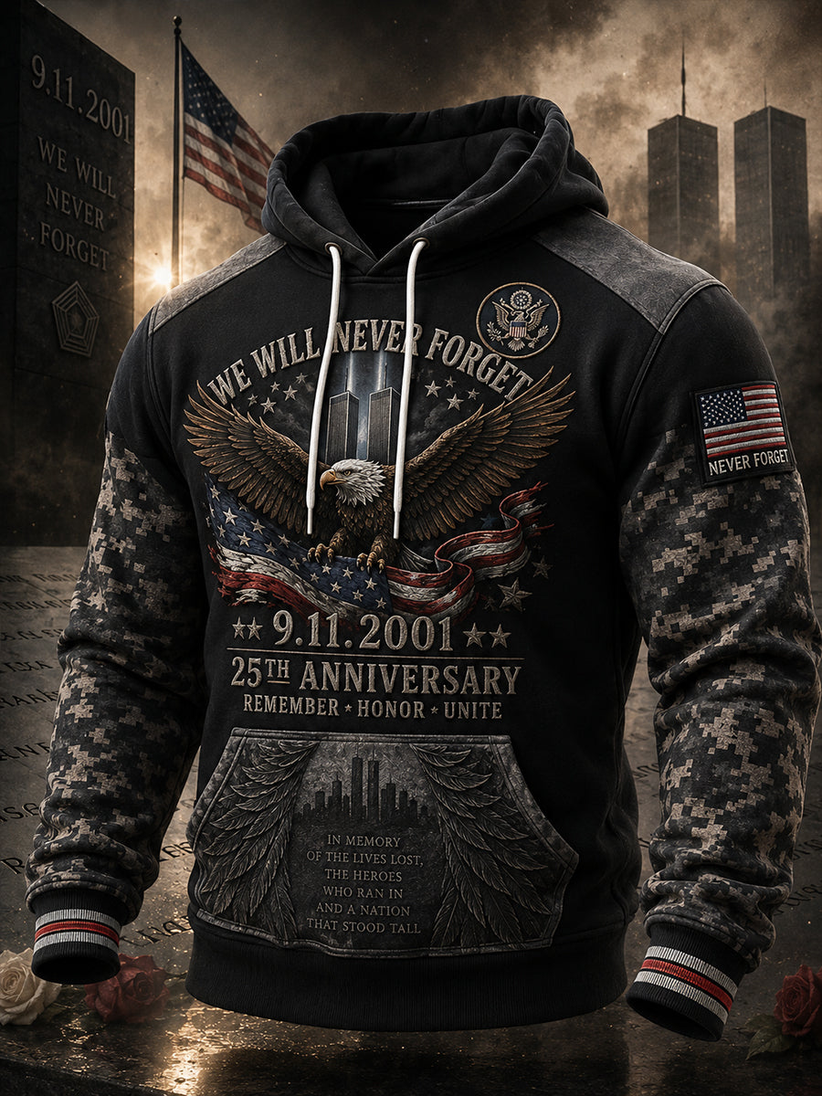 Men's Long-Sleeve Hooded Sweatshirt With Patriotic 9/11 Commemorative Print