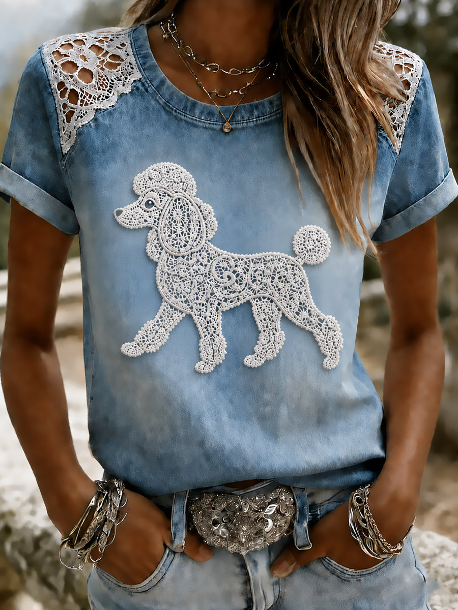 Women's Animal Dog Printed Vintage Fashion Loose Short Sleeve T-Shirt