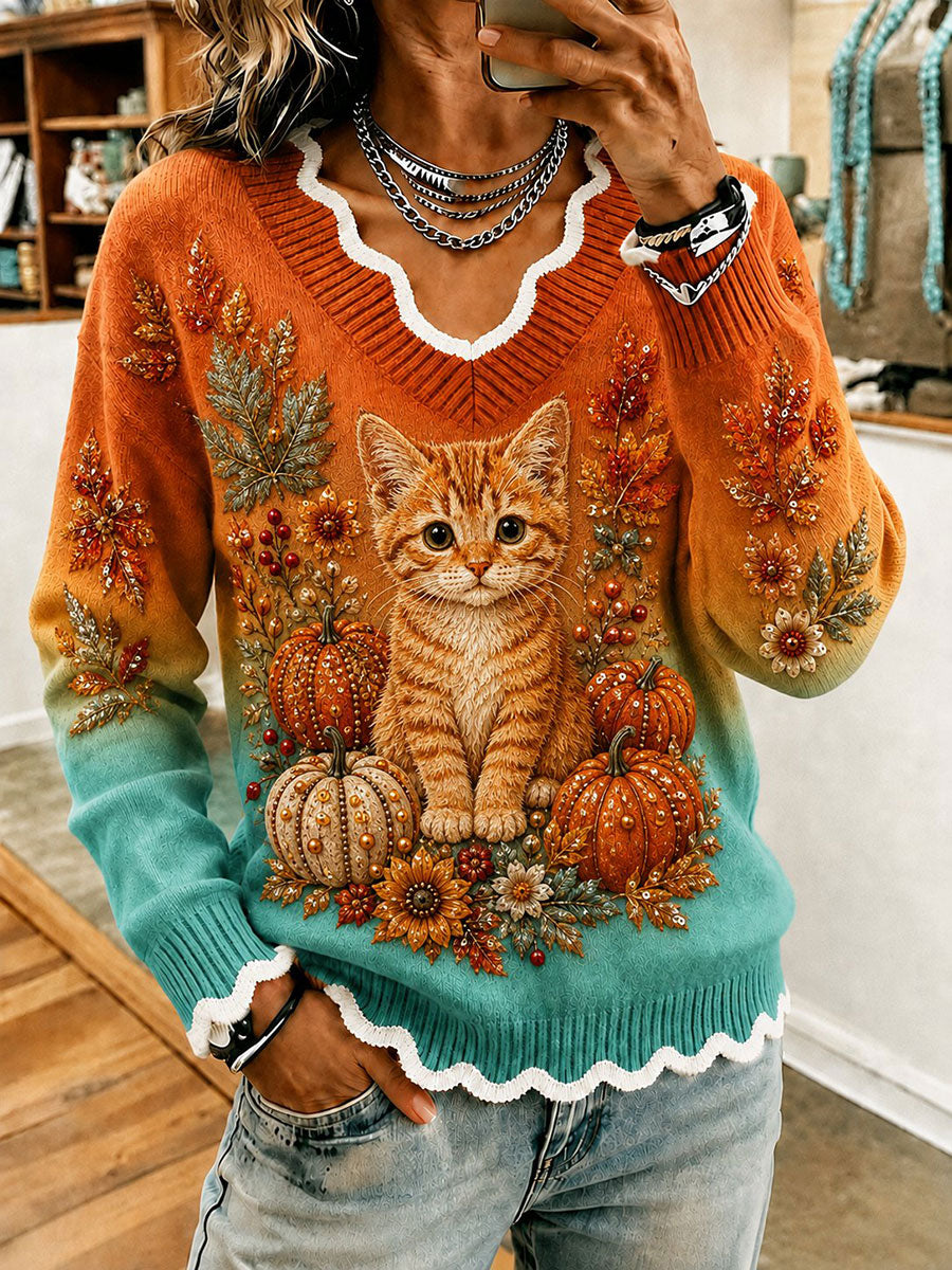 Women's Cat and Autumn Floral Print Casual T-shirt