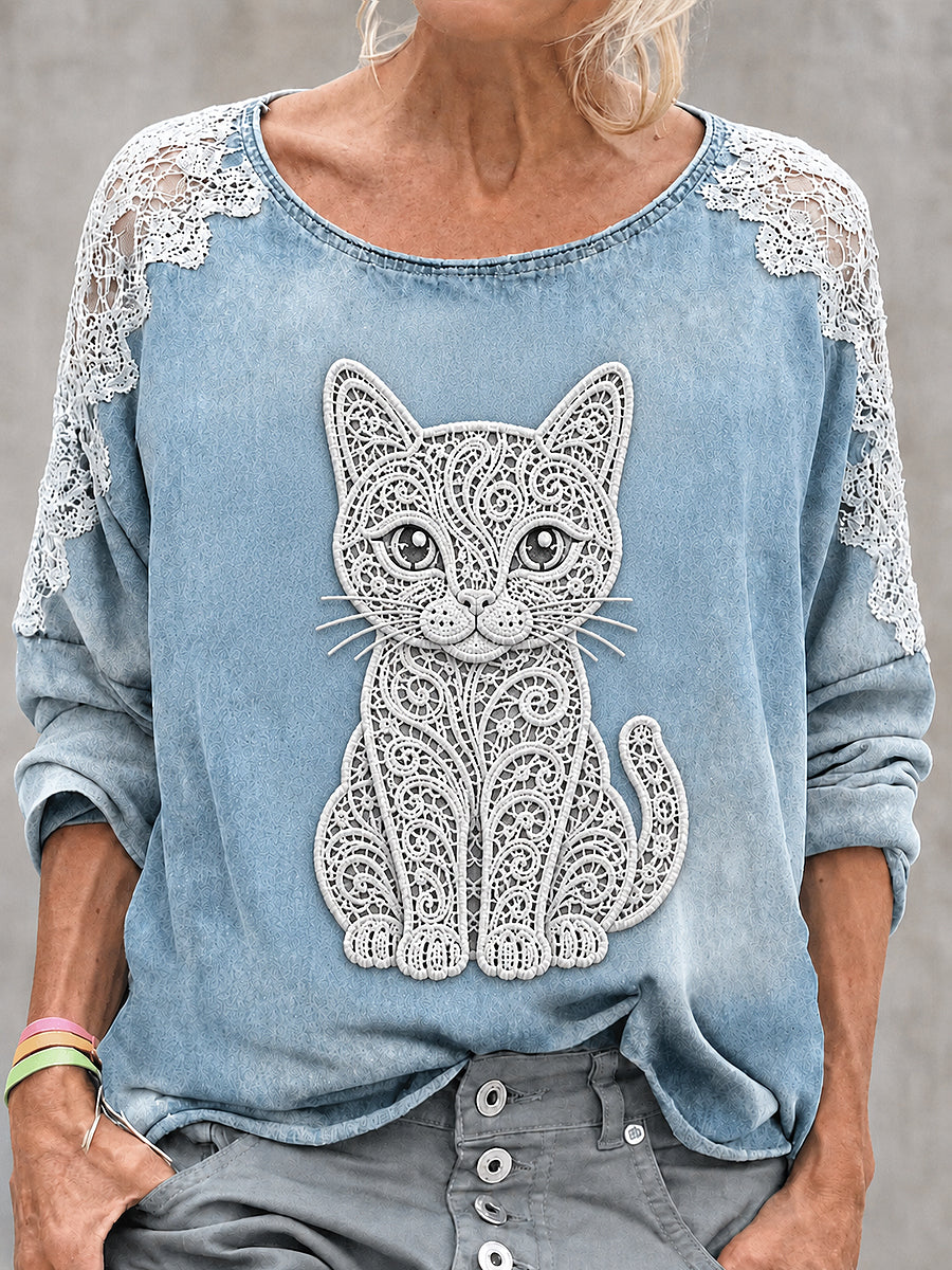 Women's Animal Cat Printed Round-Neck Long-Sleeved Sweatshirt