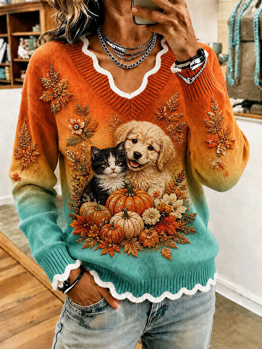 Women's Animal and Autumn Floral Print Casual T-shirt