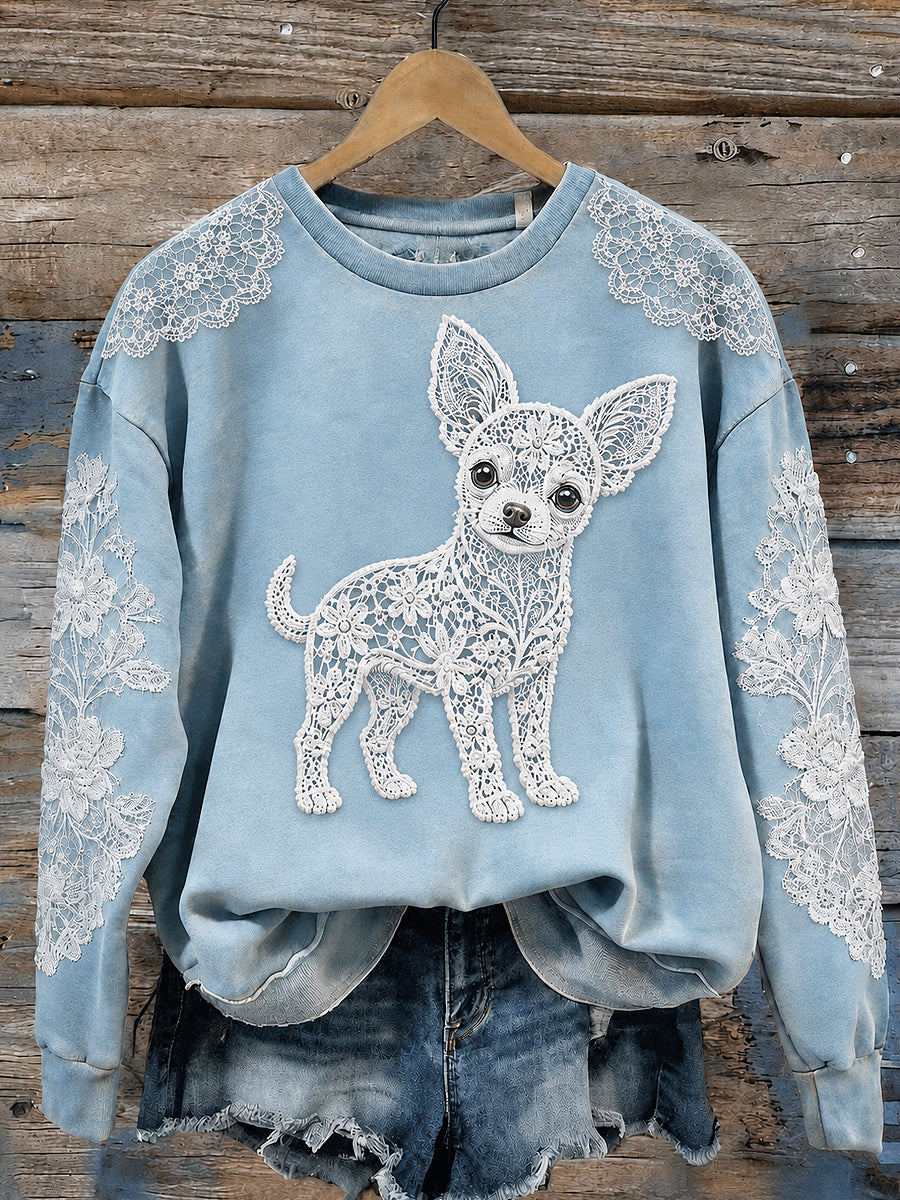 Women's Animal Dog Printed Round-Neck Long-Sleeved Sweatshirt