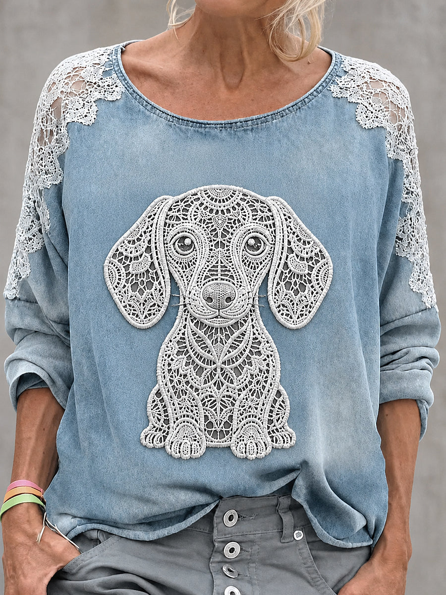 Women's Animal Dog Printed Round-Neck Long-Sleeved Sweatshirt