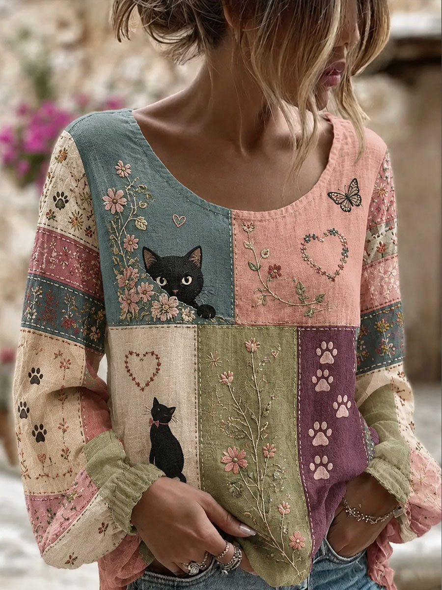 Women's Patchwork Cat Print Casual Long-Sleeved Top