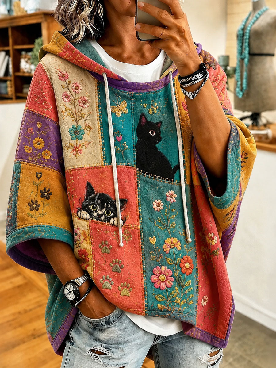 Women's Cute Patchwork Cat-Print Casual Hoodie