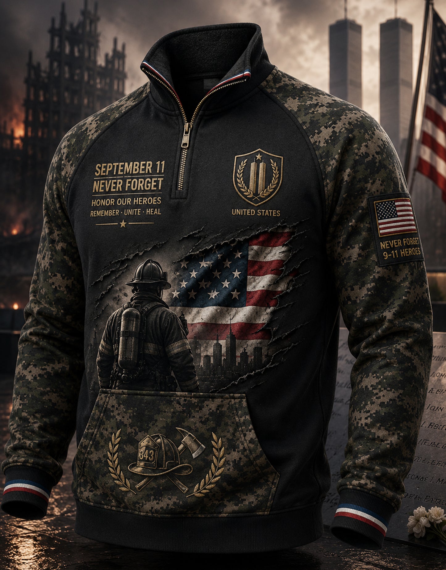Men's USA 9/11 Patriot Day Half-Zip Stand Collar Sweatshirt