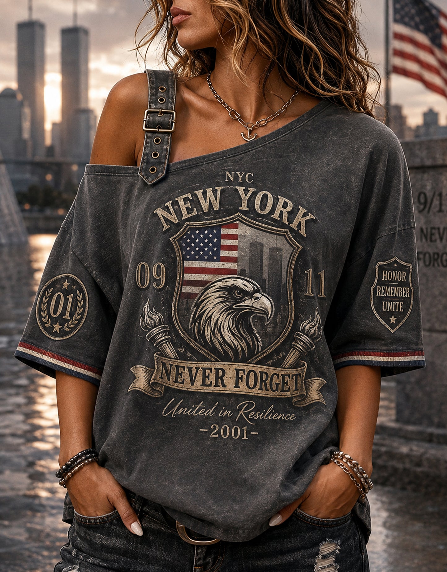 Women's USA 9/11 Patriot Day Off-Shoulder Sweatshirt