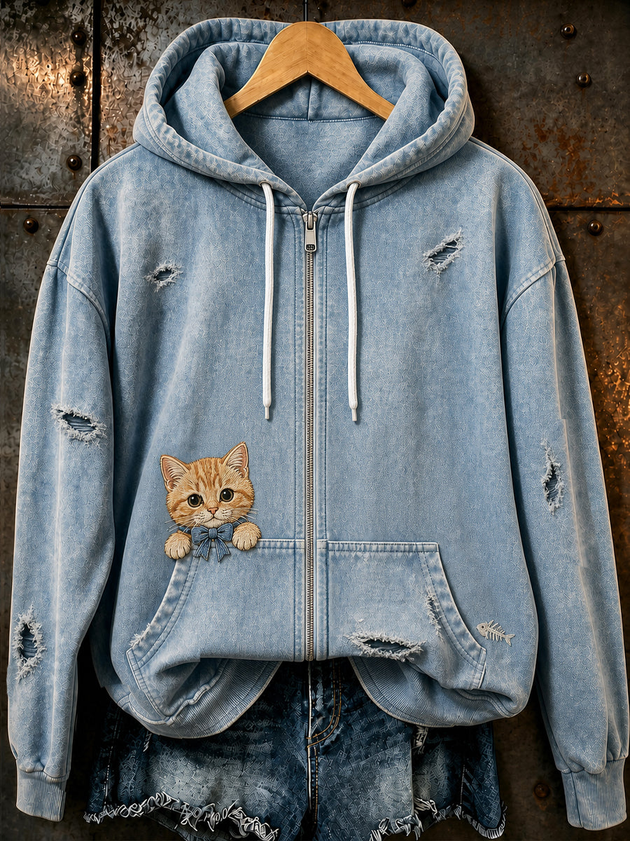 Retro Animal Print Casual Hooded Zip-Up Sweatshirt