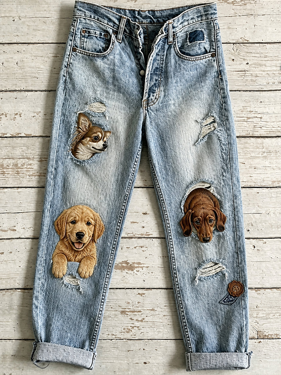 Women's Casual Jeans with Vintage Animal Art Print