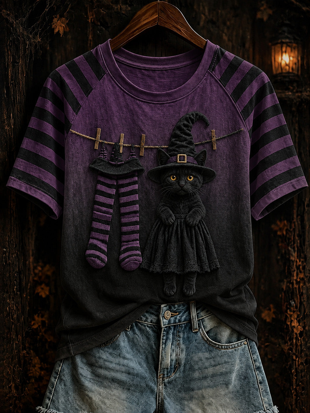 Women's Halloween theme witch cat pattern clash color design casual short-sleeve T-shirt