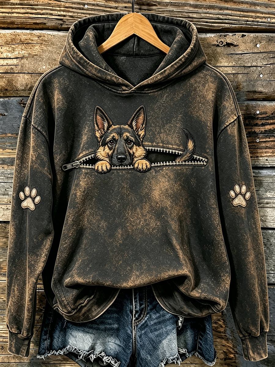 Women's Cute Peeking German Shepherd & Paws Print Hooded Sweatshirt