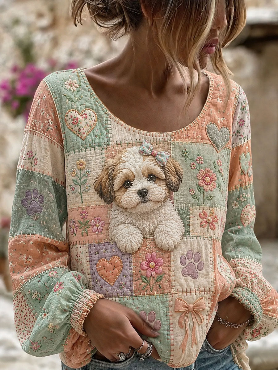 Women's Cute Patchwork Dog Print Casual Top