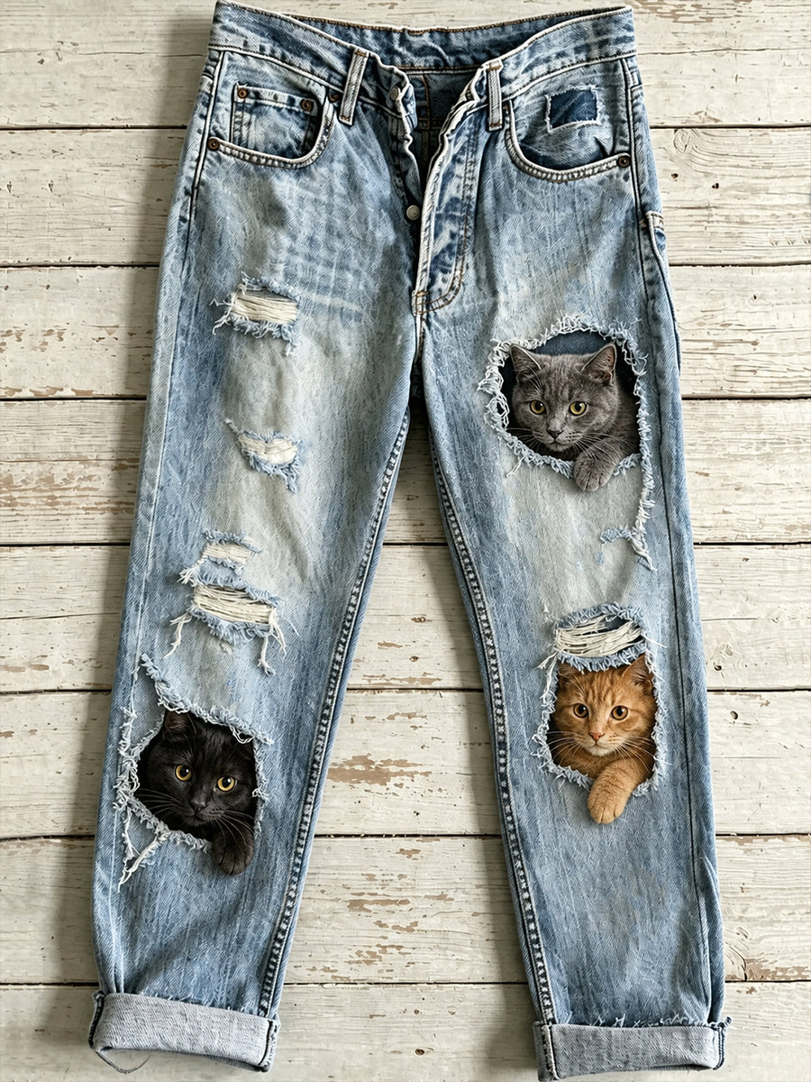 Women's Casual Jeans with Vintage Animal Art Print